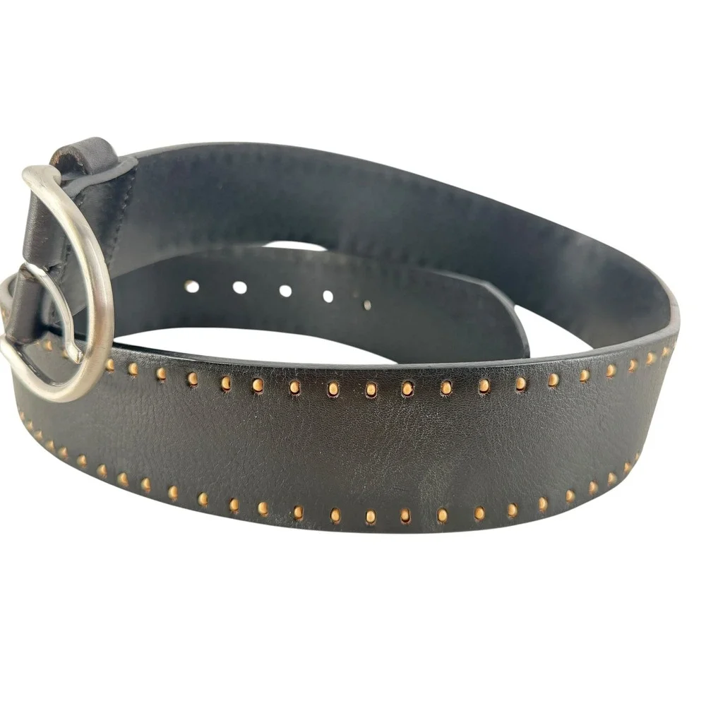 Coldwater Creek Perforated Wide Belt Womens Medium Black Leather Silver Buckle